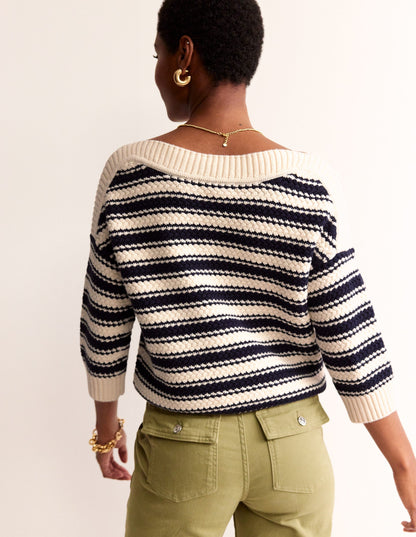 Textured Cotton Stripe Sweater-Navy, Ivory Textured Stripe