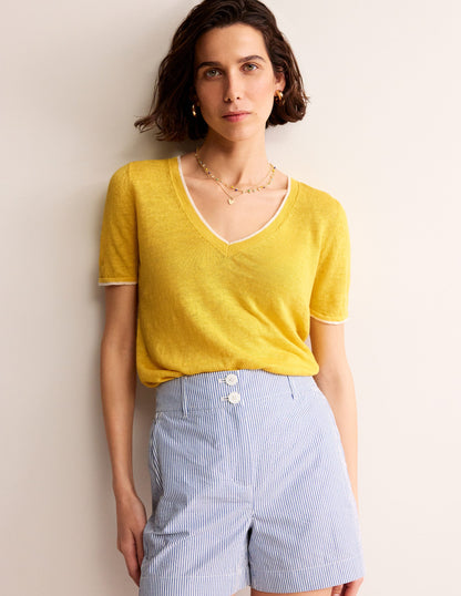 Maggie V-Neck Linen T-Shirt-Daffodil Yellow