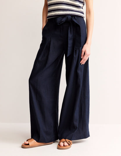 Palazzo Linen Pants-Navy