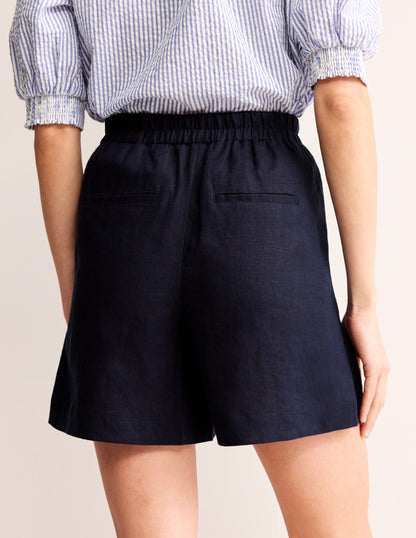 Tie Waist Linen Shorts-Navy