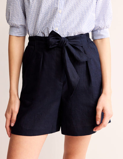 Tie Waist Linen Shorts-Navy