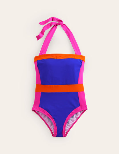 Santorini Halterneck Swimsuit-Blue/Pink Colourblock