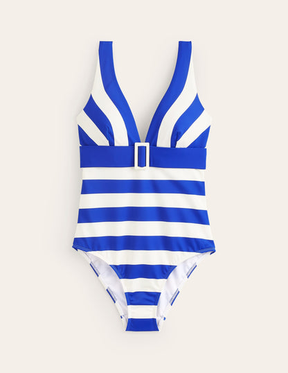 Resin Buckle V-neck Swimsuit-Blue/Ivory Stripe