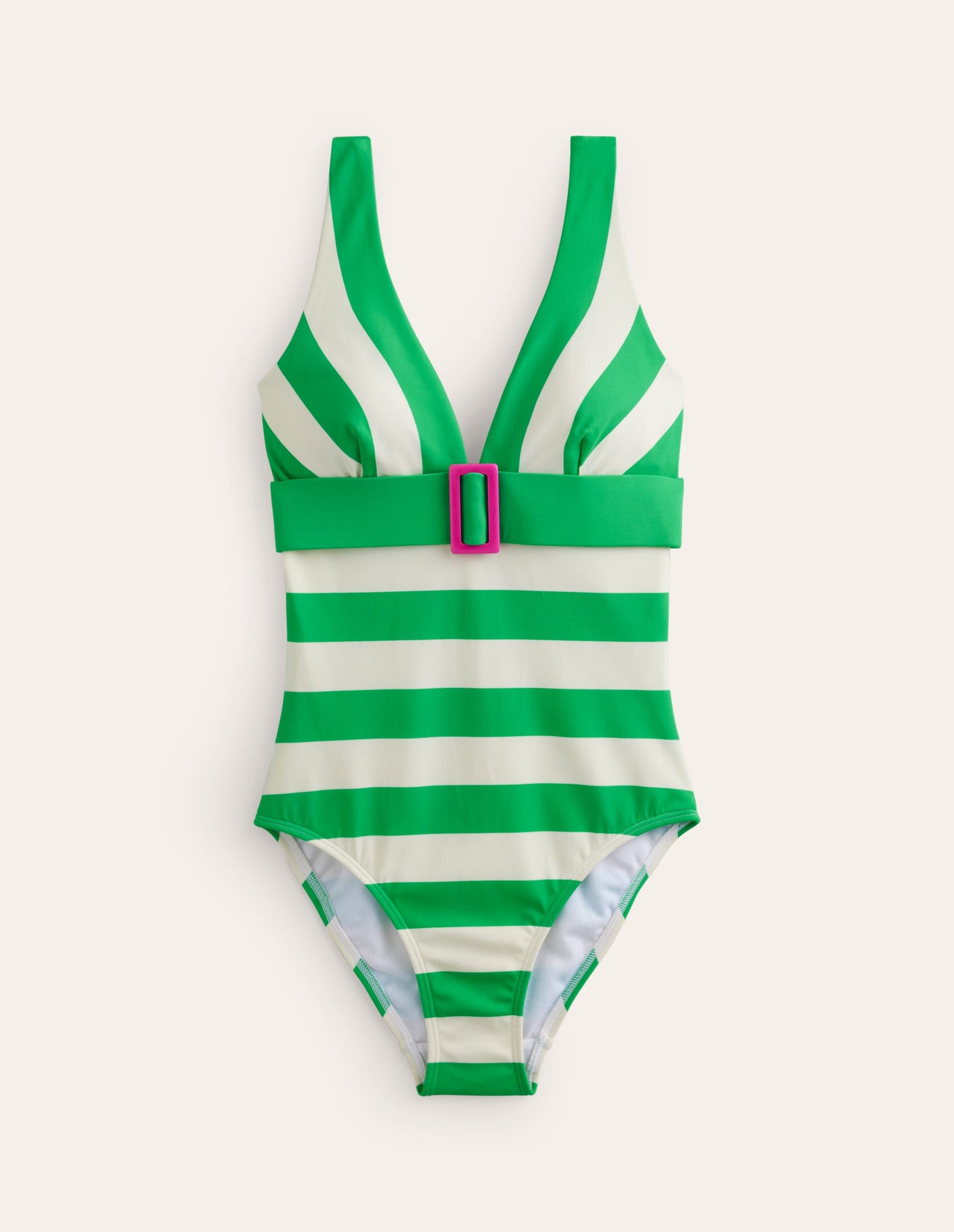 Resin Buckle V-neck Swimsuit-Green/Ivory Stripe