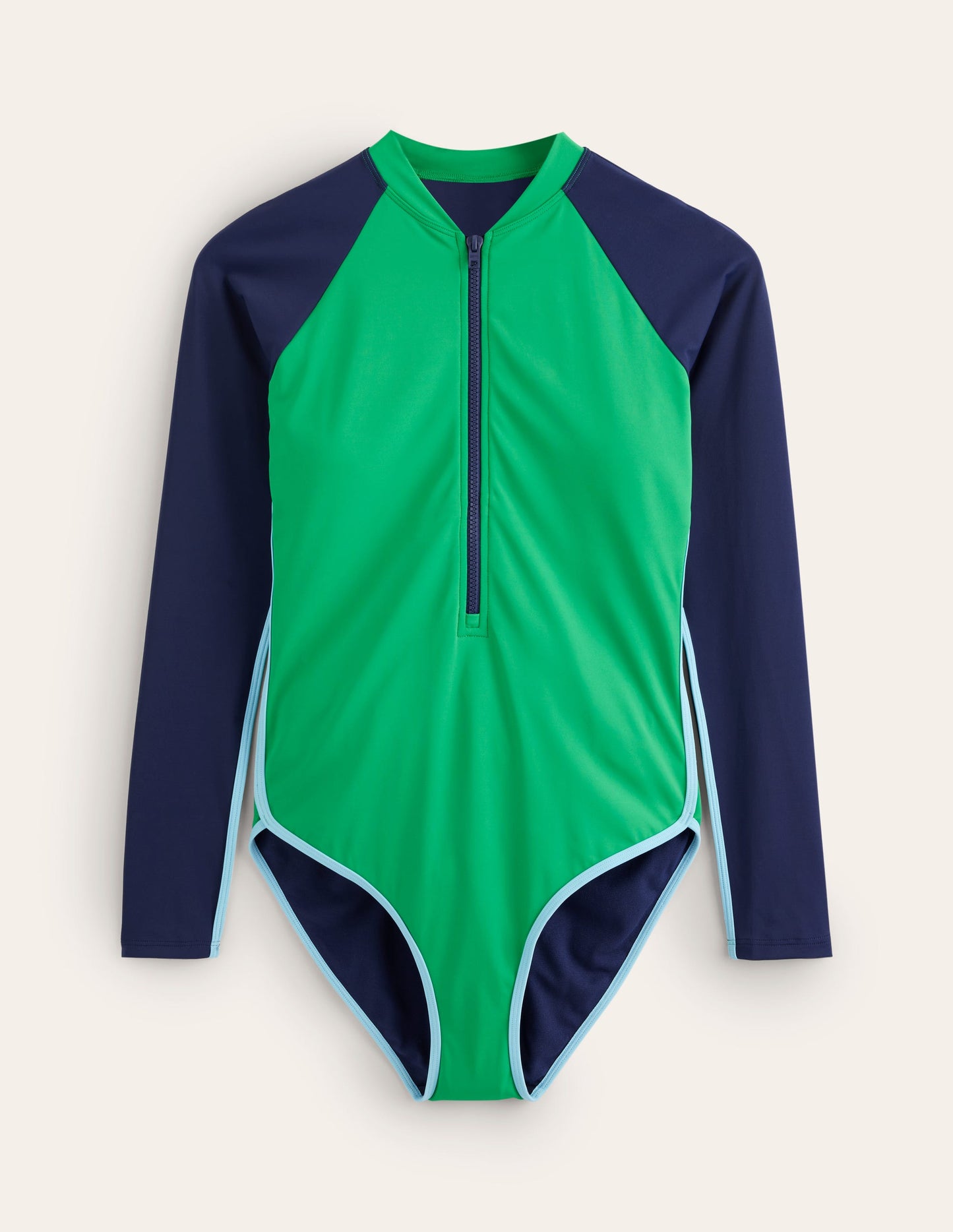 Piped Raglan Sleeve Swimsuit-Navy/ Green Colourblock