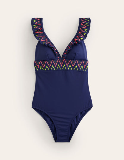 Embroidered Ruffle Swimsuit-Navy