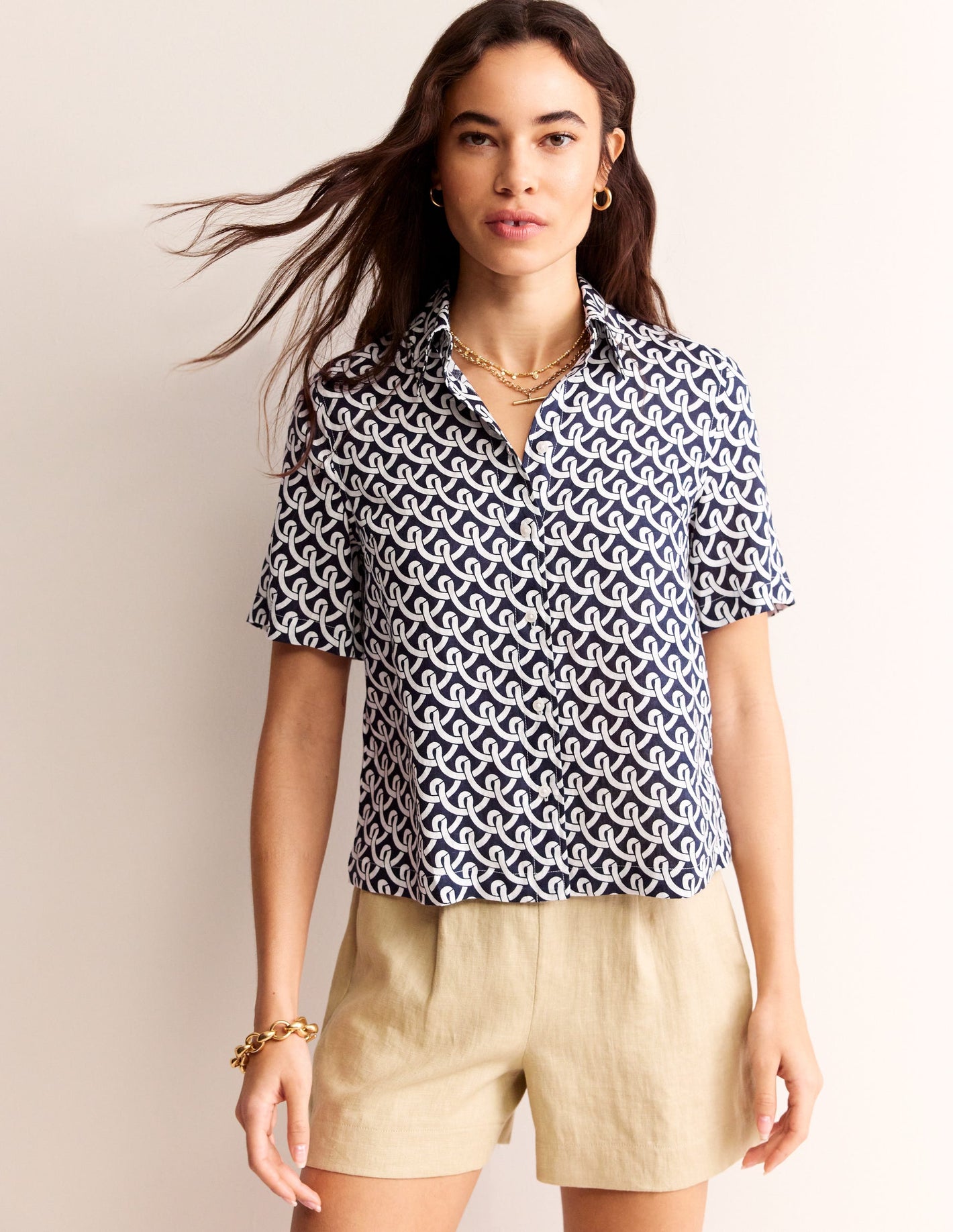 Hazel Short Sleeve Linen Shirt-Navy, Geo Terrace