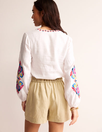 Bonnie Linen Top-White, Multi Floral