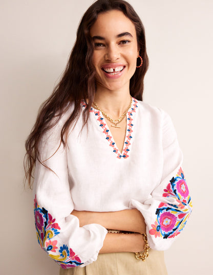 Bonnie Linen Top-White, Multi Floral