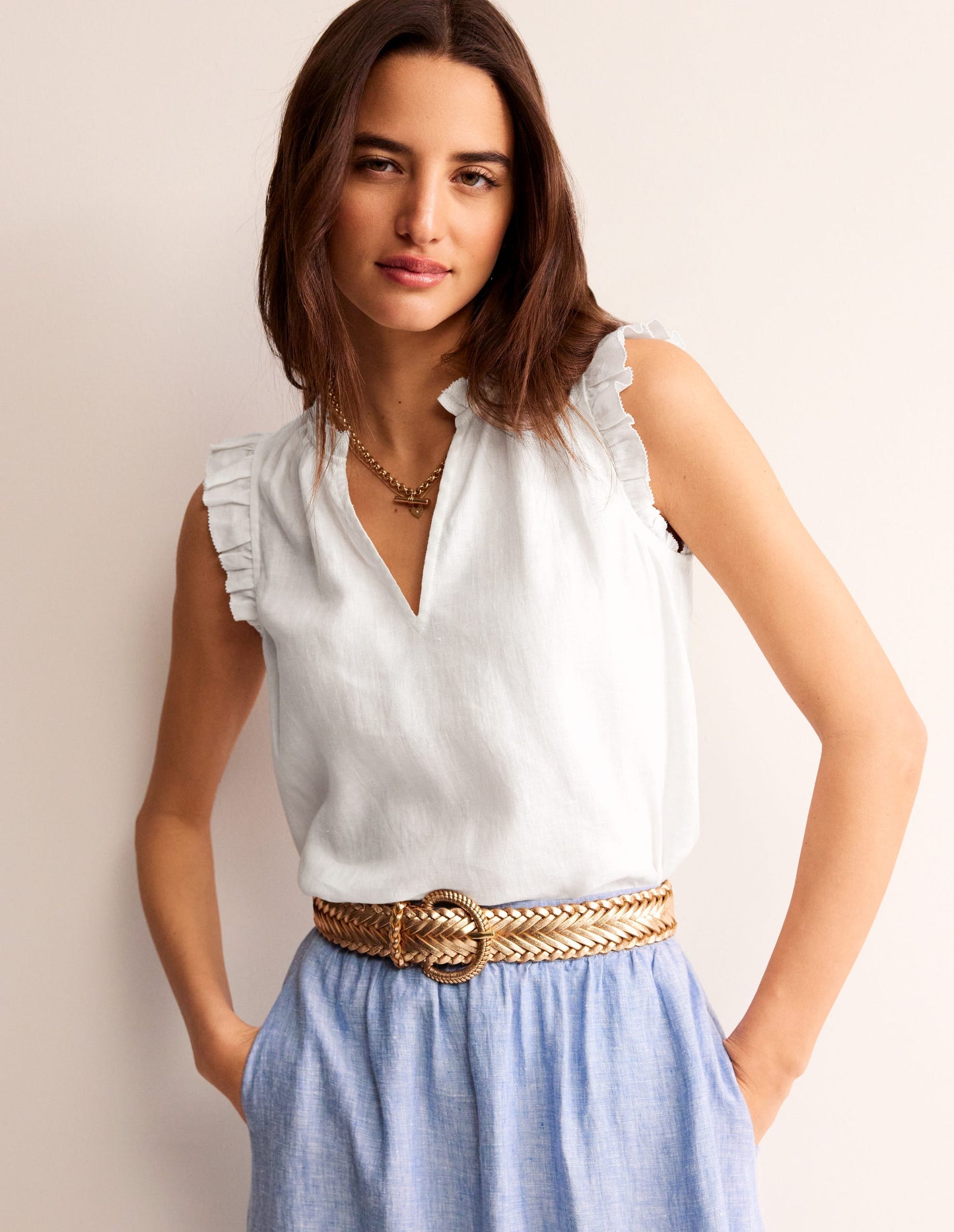 Frill Sleeve Linen Notch Top-White