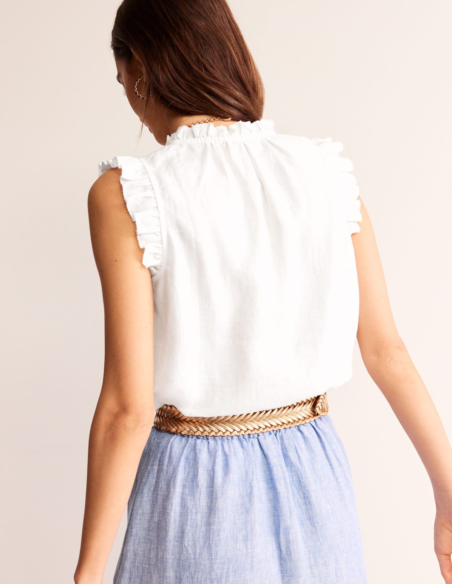 Frill Sleeve Linen Notch Top-White