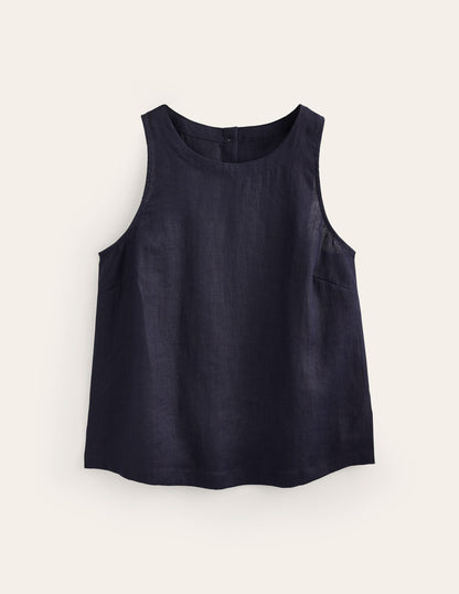 Linen Sleeveless Shell Top-Navy