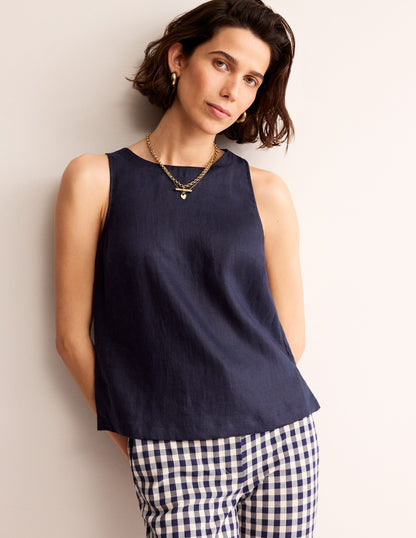 Linen Sleeveless Shell Top-Navy