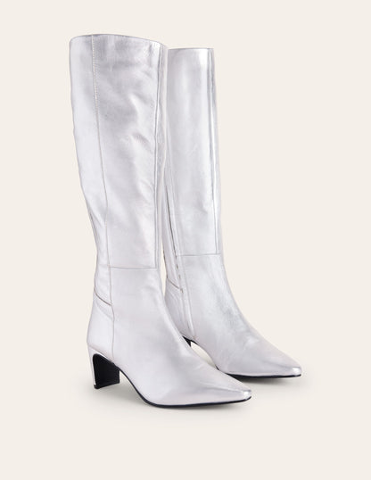 Back Panel Heeled Knee Boot-Metallic