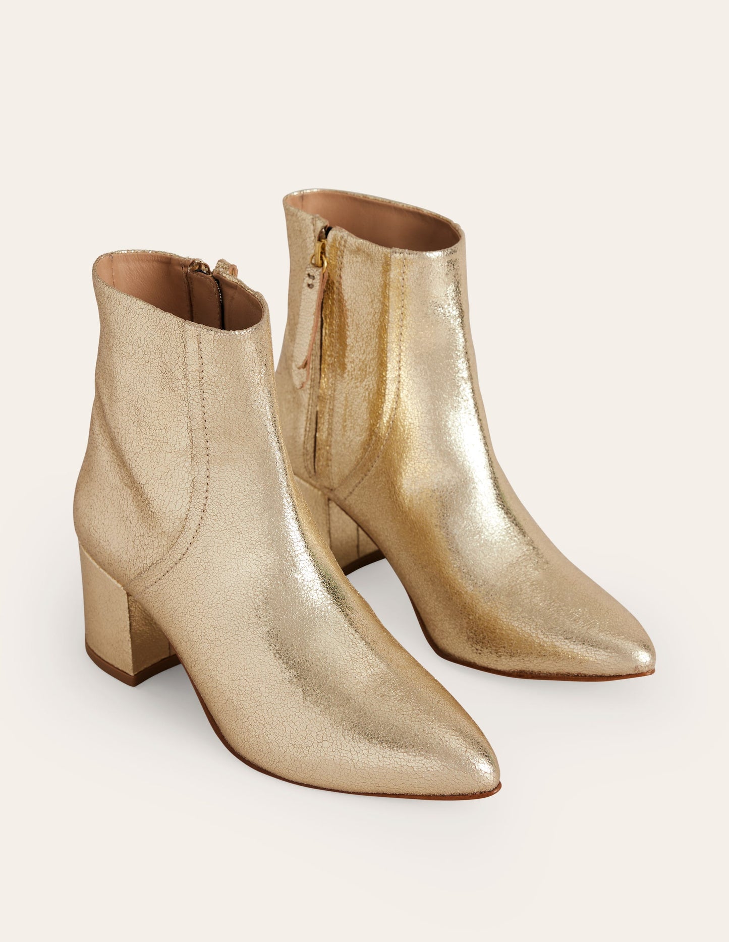 Block Heel Leather Ankle Boots-Gold