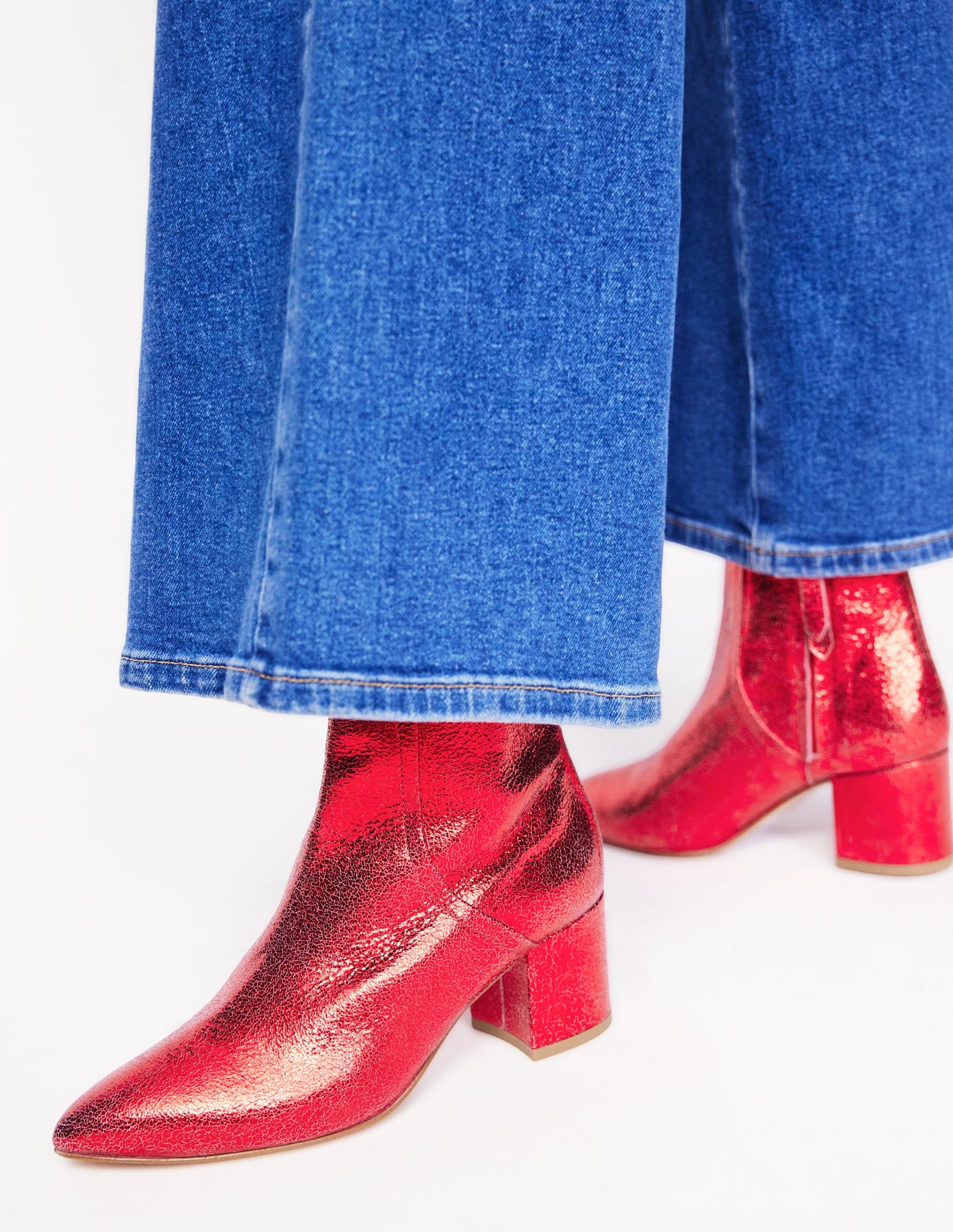 Block Heel Leather Ankle Boots-Red Metallic Leather