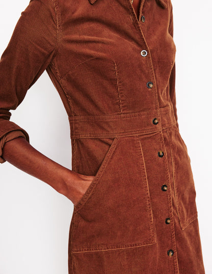 Flora Cord Midi Shirt Dress-Cognac