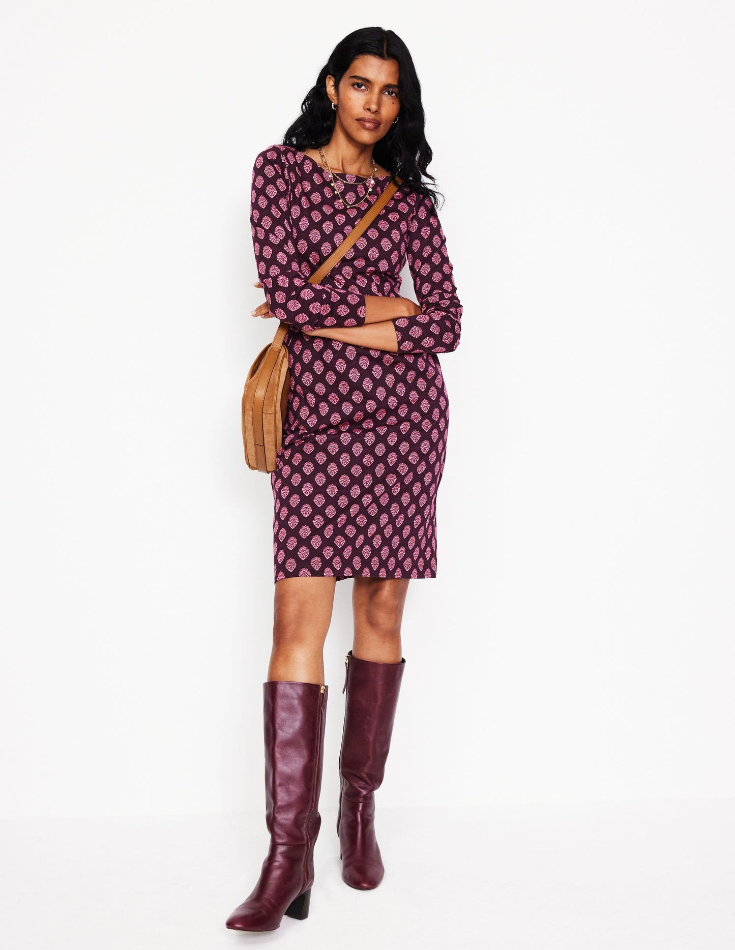 Florrie Long Sleeve Dress-Fig, Ornate Stamp