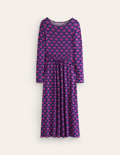 Amelie Long Sleeve Midi Dress-Regal Purple, Lotus Stamp