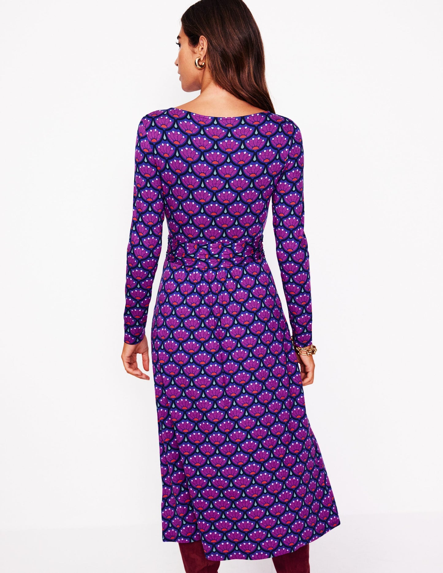 Amelie Long Sleeve Midi Dress-Regal Purple, Lotus Stamp