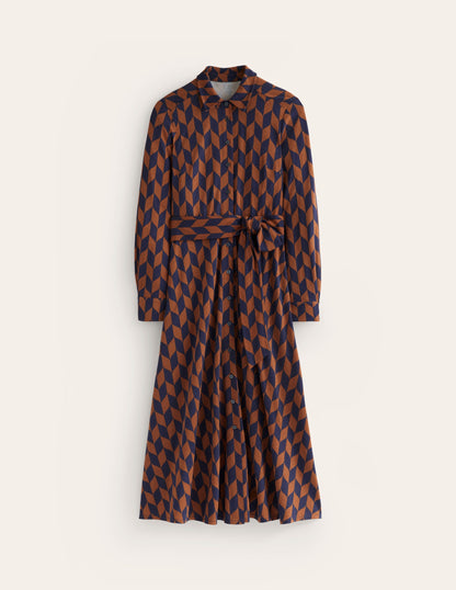 Marcia Jersey Midi Shirt Dress-Cognac, Chevron Swirl