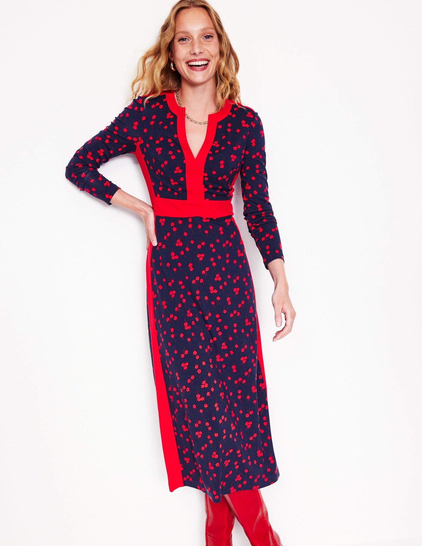 Catherine Ponte Midi Dress-Rouge, Fall Sprig