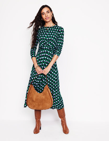 Twisted Waist Jersey Dress-Navy, Polka Wave