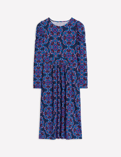 Puff Sleeve Blouson Dress-Regal Purple, Mosaic Cascade