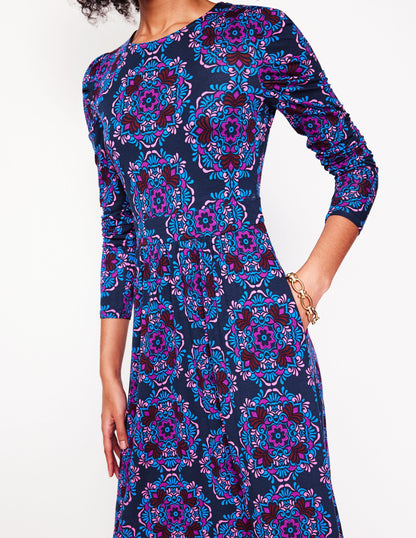 Puff Sleeve Blouson Dress-Regal Purple, Mosaic Cascade