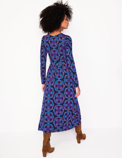 Puff Sleeve Blouson Dress-Regal Purple, Mosaic Cascade