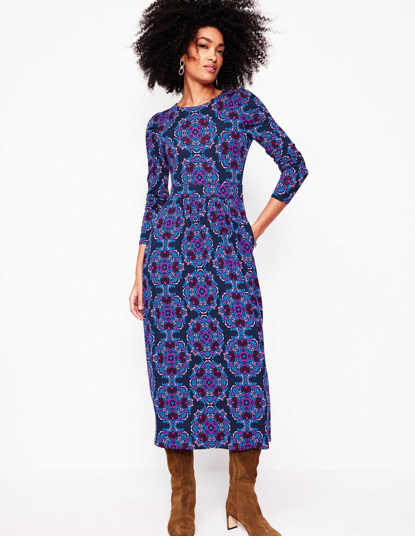 Puff Sleeve Blouson Dress-Regal Purple, Mosaic Cascade