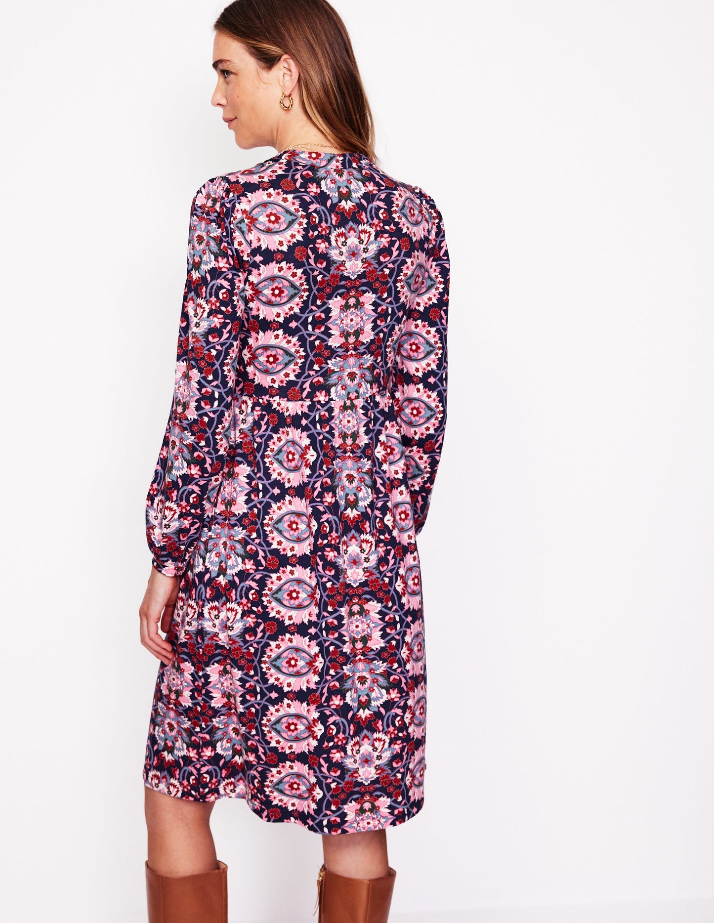 Naomi Relaxed Jersey Dress-Old Rose, Bloom Trellis