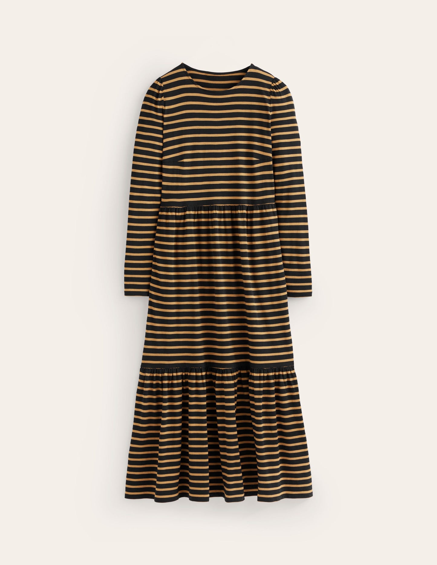 Emma Long Sleeve Jersey Dress-Camel, Black Stripe