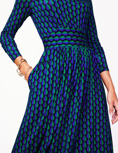 Thea Long Sleeve Jersey Dress-Pine, Raindrop Geo