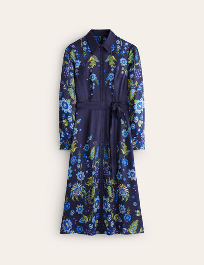 Kate Satin Shirt Dress-Blue, Blossom Flourish