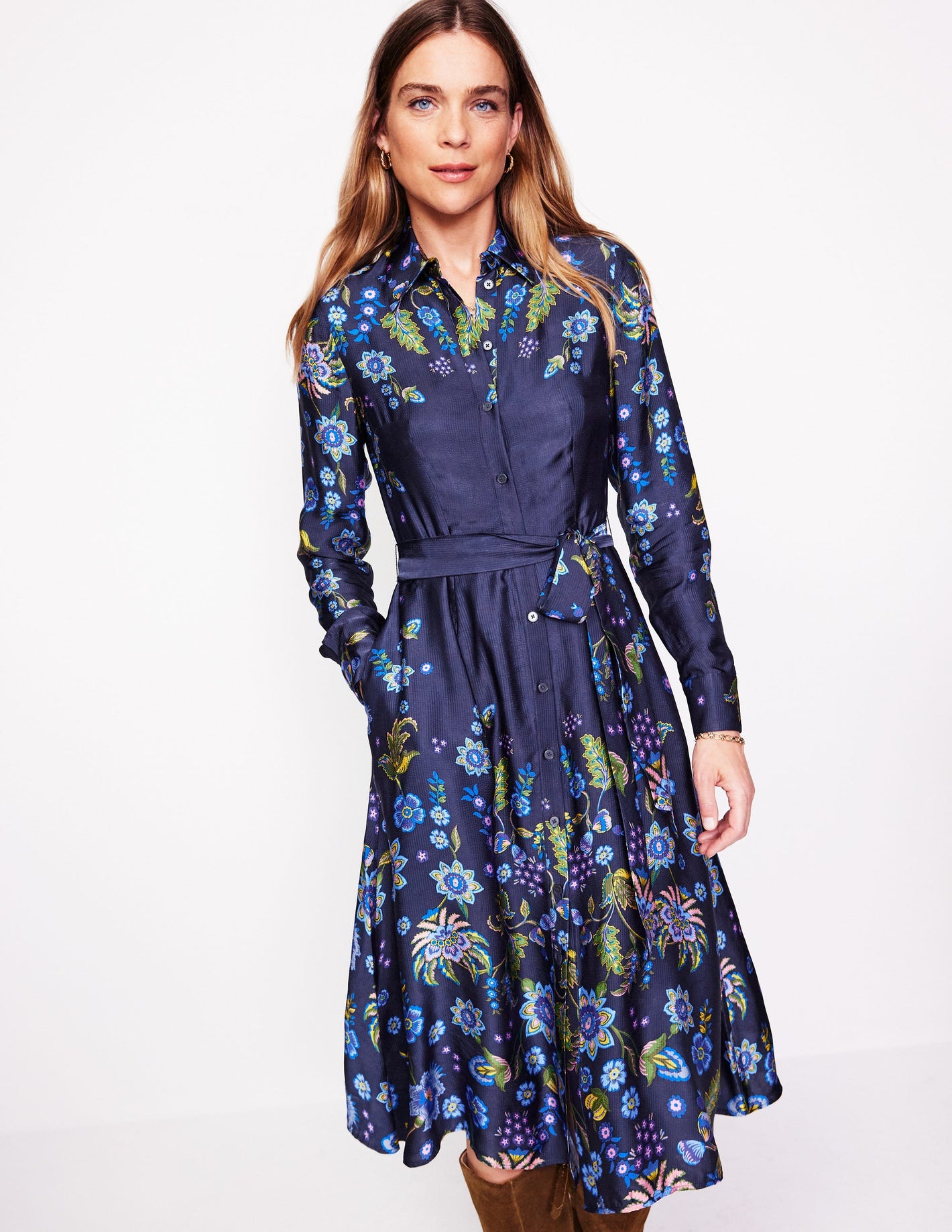 Kate Satin Shirt Dress-Blue, Blossom Flourish