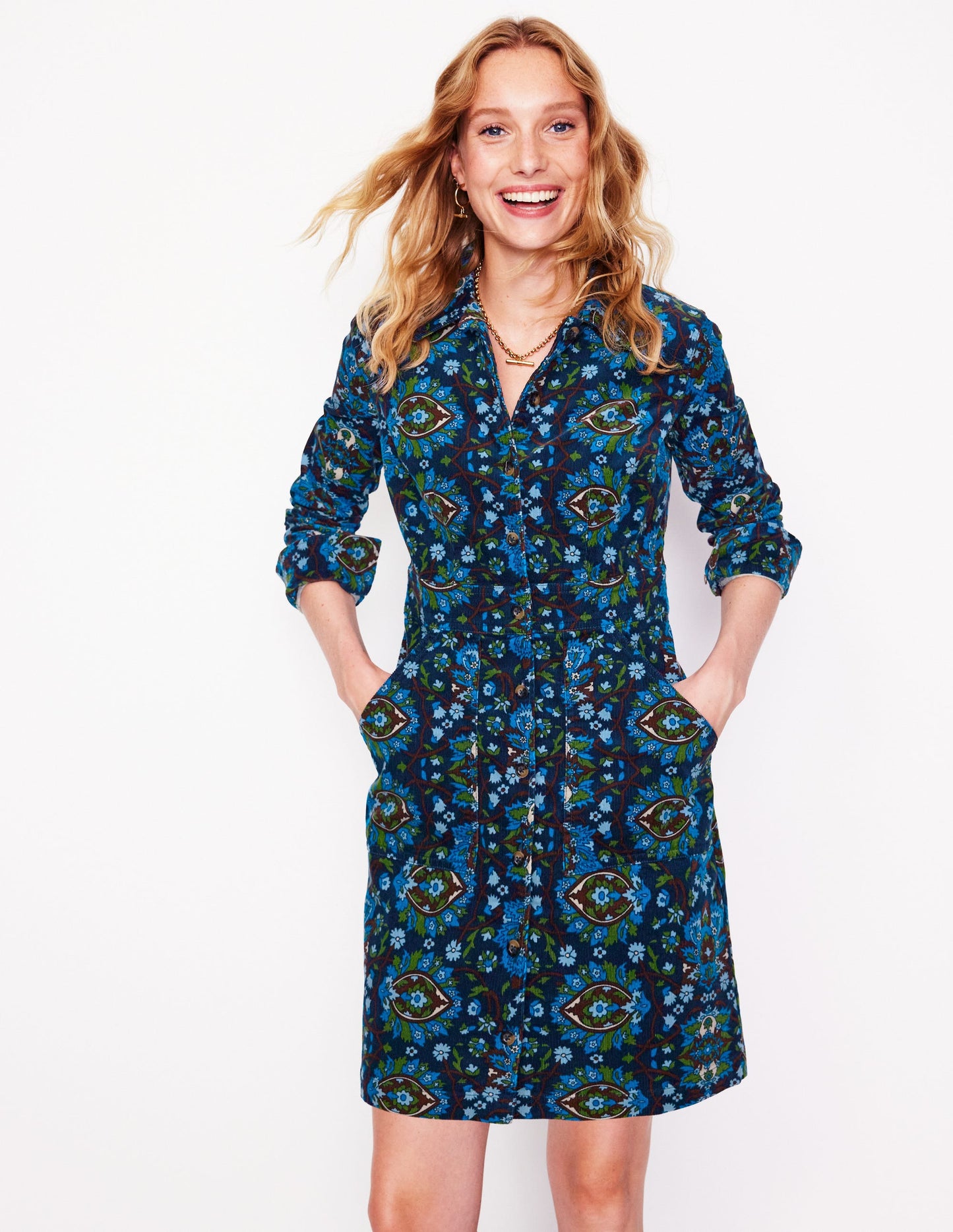 Flora Cord Shirt Dress-Kingfisher Blue, Bloom Trellis