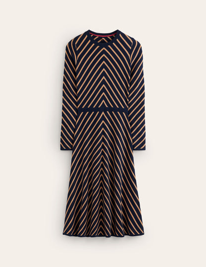 Maria Knitted Midi Dress-Navy, Camel Stripe