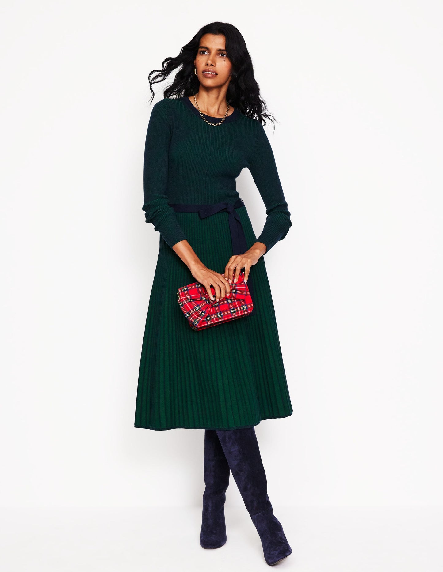 Lola Knitted Midi Dress-Pine, Navy Plated