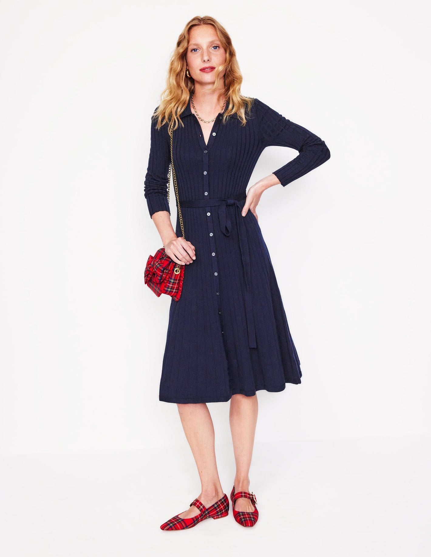 Rachel Knitted Shirt Dress-Navy