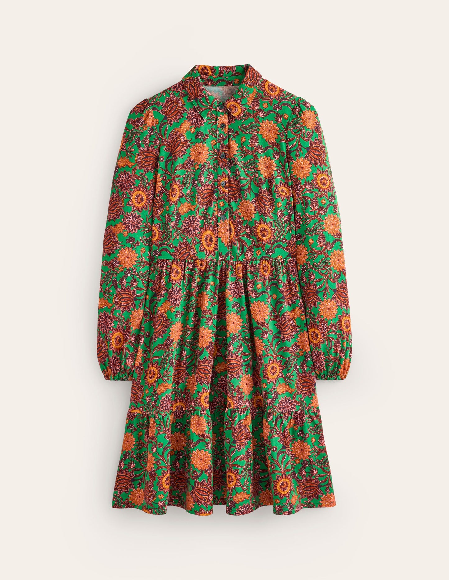 Jemima Tiered Jersey Dress-Rich Emerald, Ornate Bud