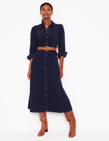 Aubrey Cord Midi Shirt Dress-Navy