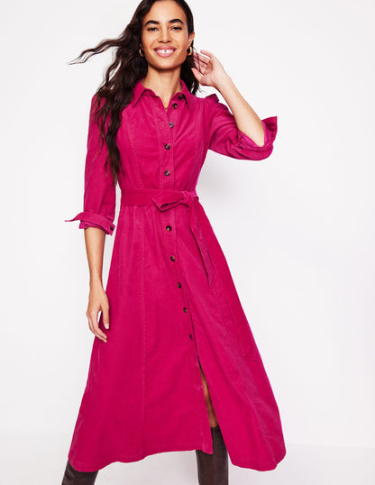 Aubrey Cord Midi Shirt Dress-Cherry Jam