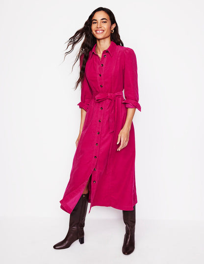 Aubrey Cord Midi Shirt Dress-Cherry Jam