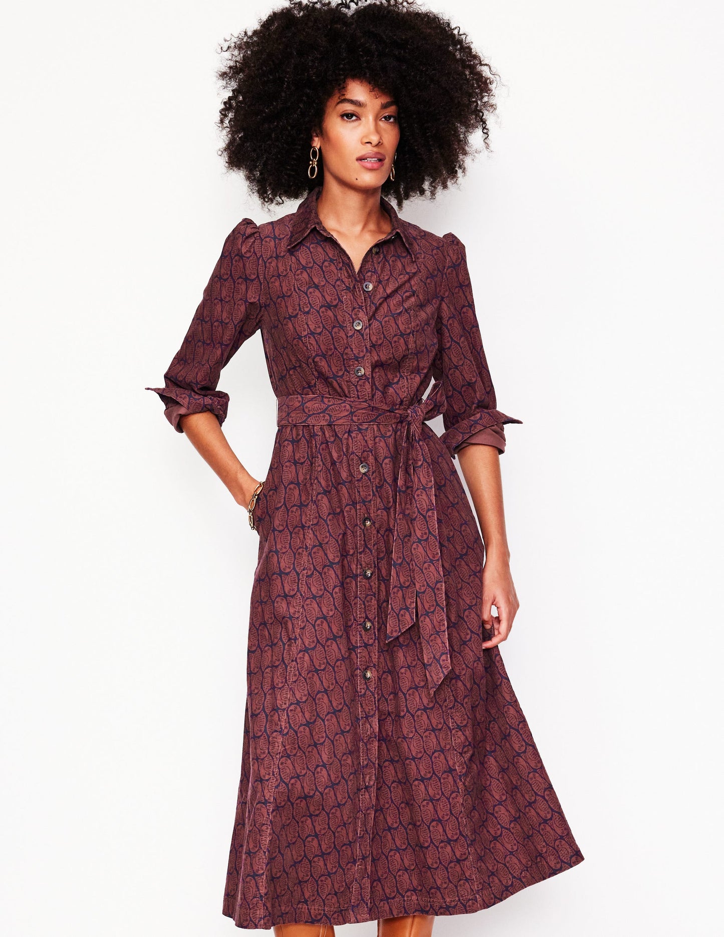 Aubrey Cord Midi Shirt Dress-Chestnut, Owl Stamp