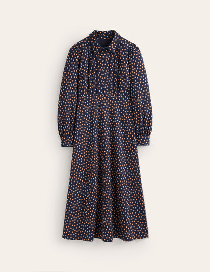 Piping Zip-up Ponte Dress-French Navy, Abstract Dot