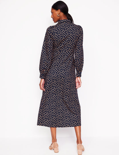 Piping Zip-up Ponte Dress-French Navy, Abstract Dot