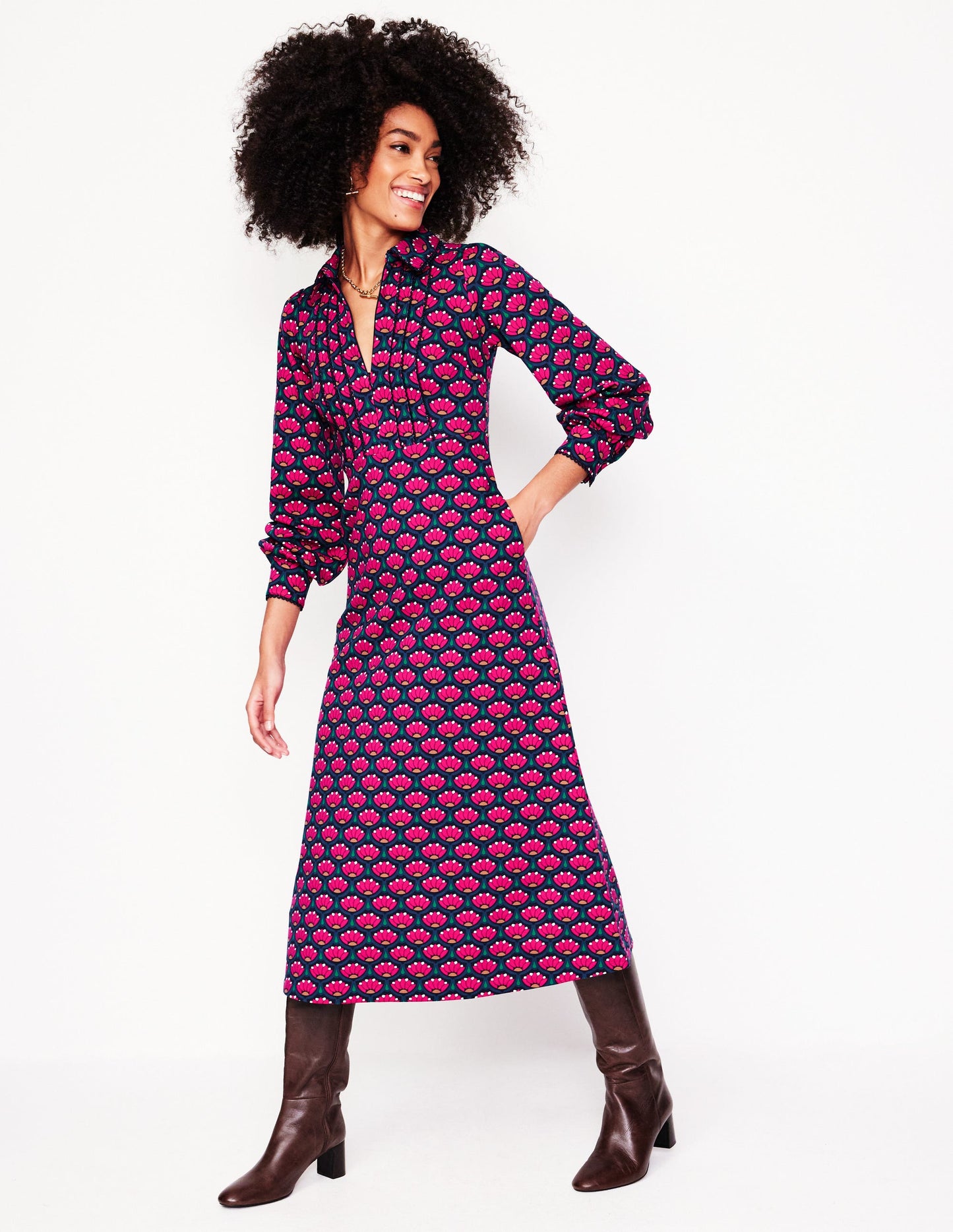 Piping Zip-up Ponte Dress-Bright Pink, Lotus Stamp