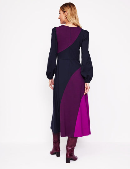 Crew Neck Ponte Dress-Navy, Damson Colourblock