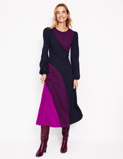 Crew Neck Ponte Dress-Navy, Damson Colourblock